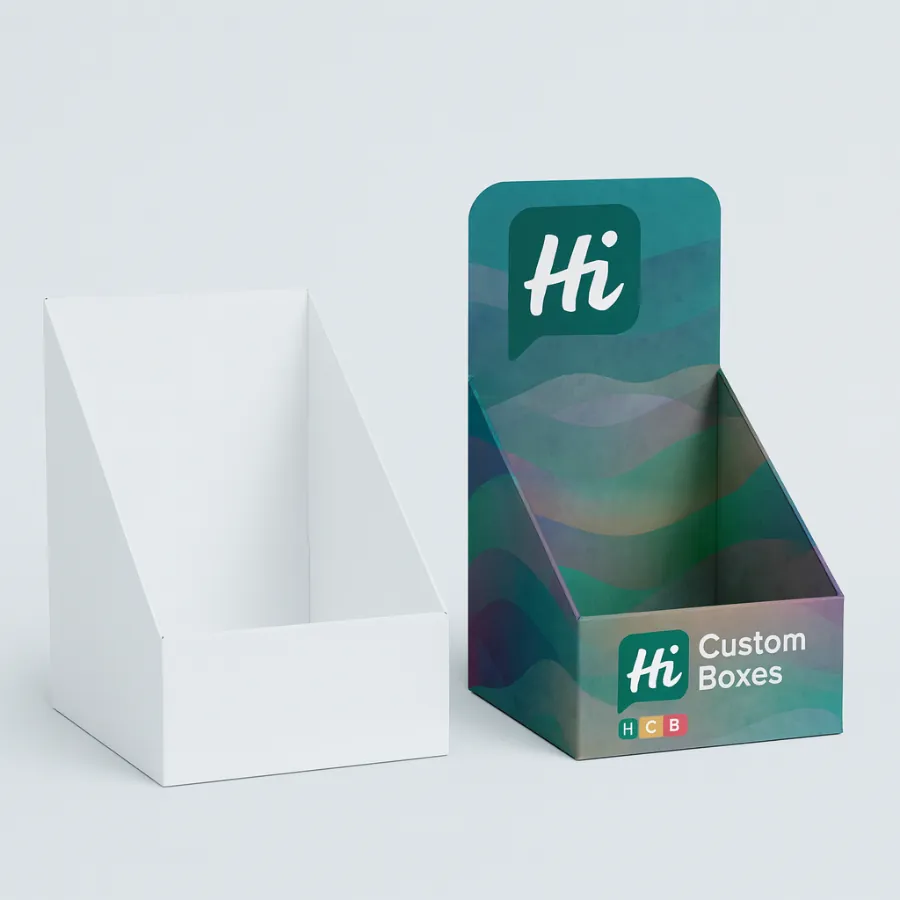 Custom counter retail display boxes- one white- one printed with a colourful -Hi- logo- class=